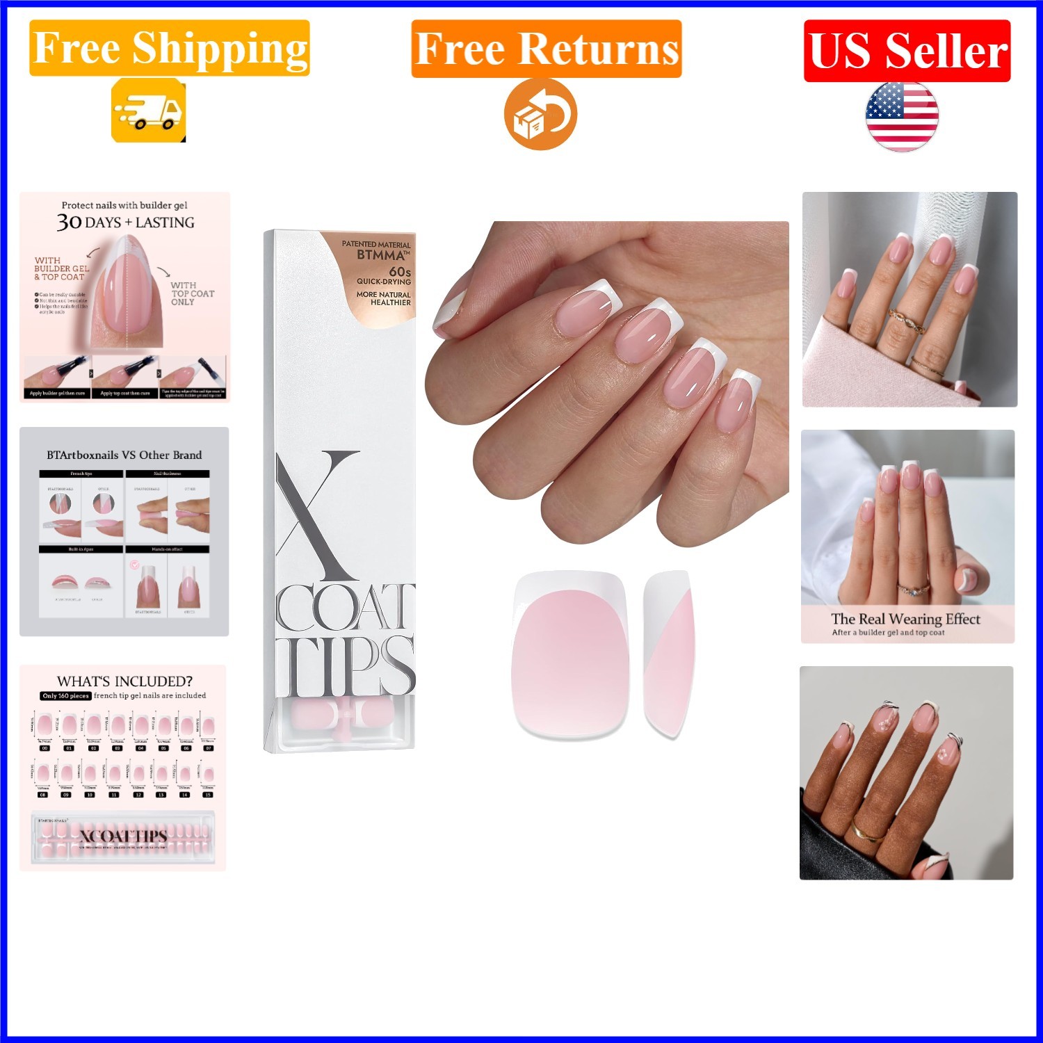 XCOATTIPS 160 Pink Square Soft Gel French Tip Nails with Primer & Base