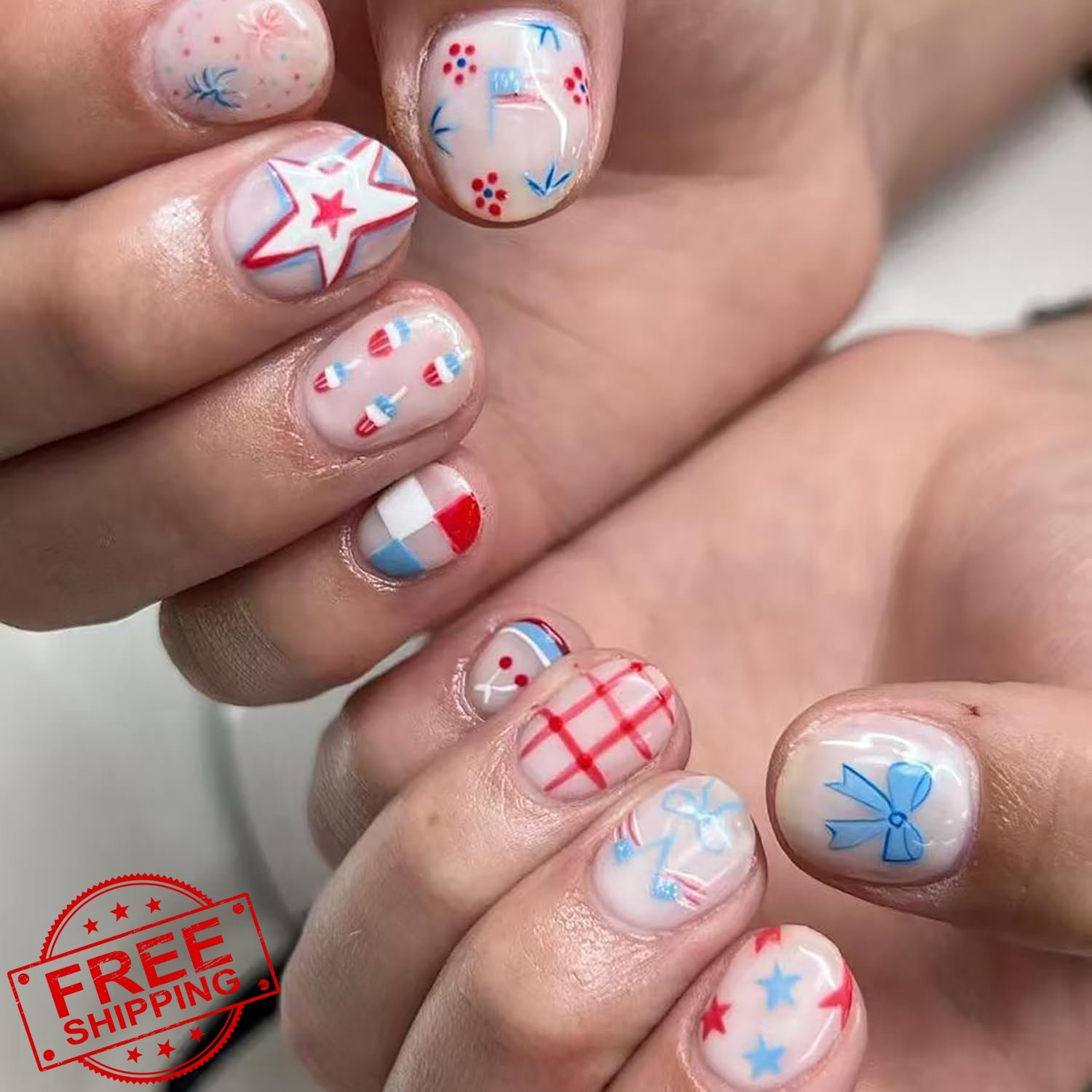 PODUOJIEYI 4th July Press on Nails Red White Blue Star Stripe