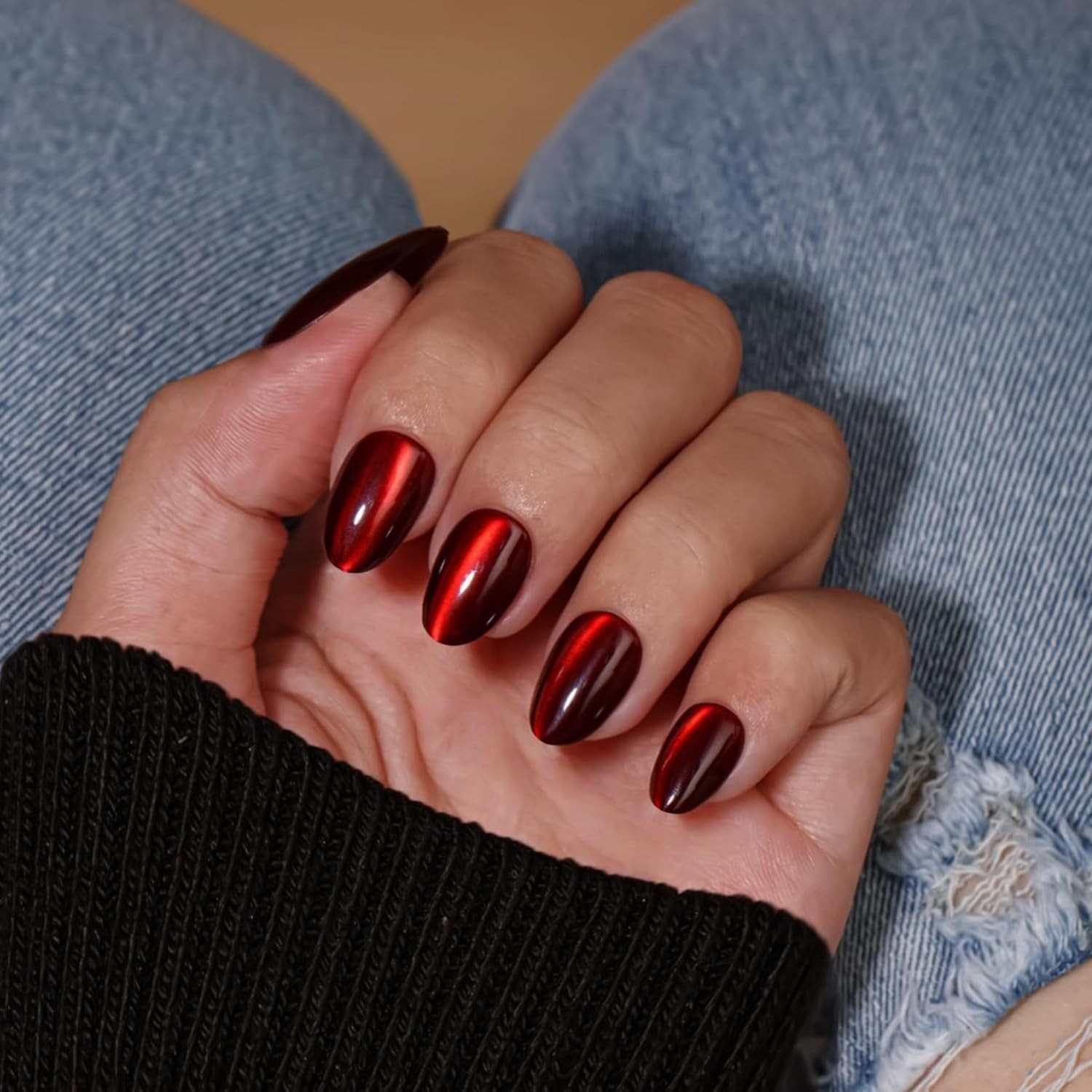 Cat Eye Press On Nails Short, 30 Pcs Glitter Black Red Press On Nails Oval, Dark