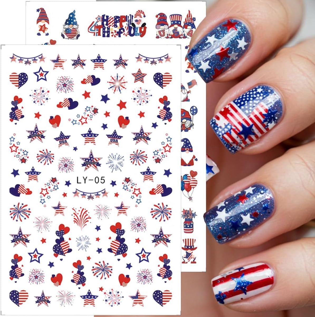 6 Sheets 4th of July 3D Nail Stickers Patriotic Flag Fireworks Nail Decals
