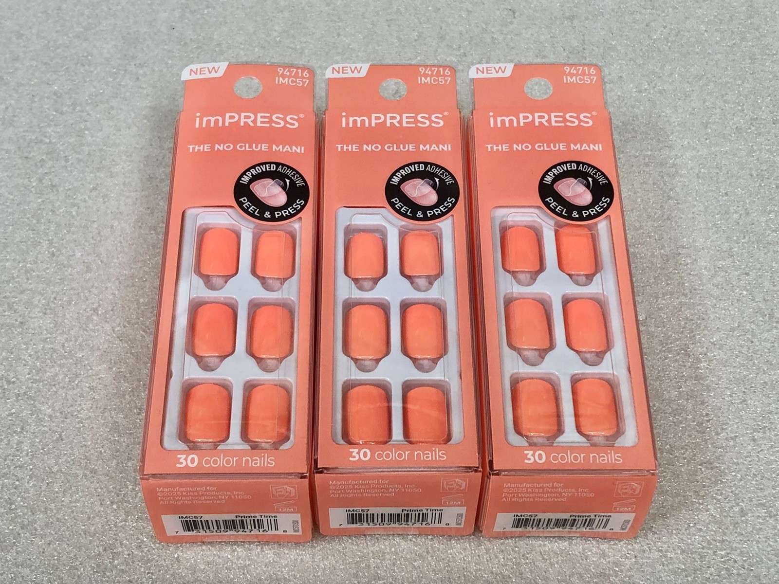 Lot of 3 imPRESS Color Press-On Nails #57 Prime Time (Neon Coral) Short NEW