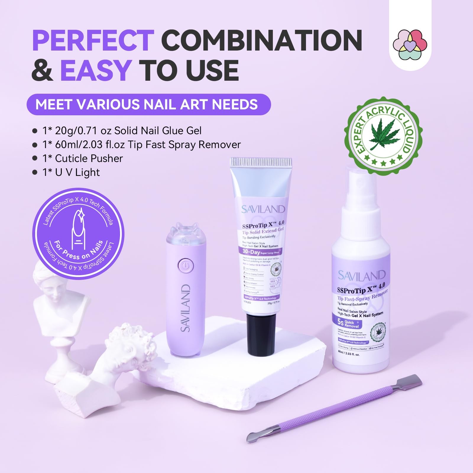 SAVILAND Solid Nail Glue Gel Kit, 20 g Glue, 60 mL Remover and UV Lamp | 60 m…