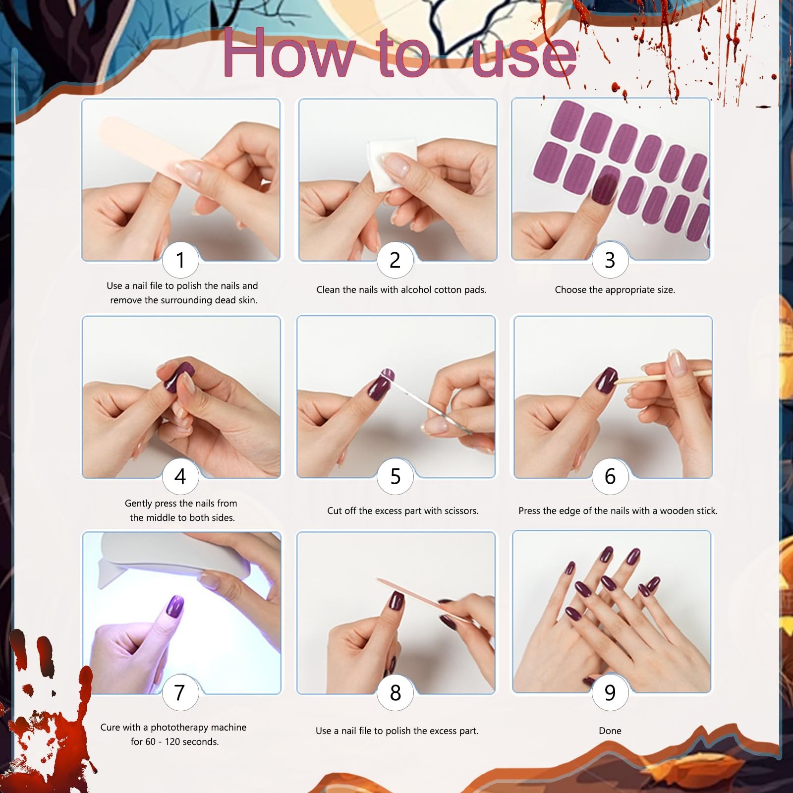 Halloween Semi Cured Nail Strips, 24 Tips Bloody Thrilling Halloween Designs …