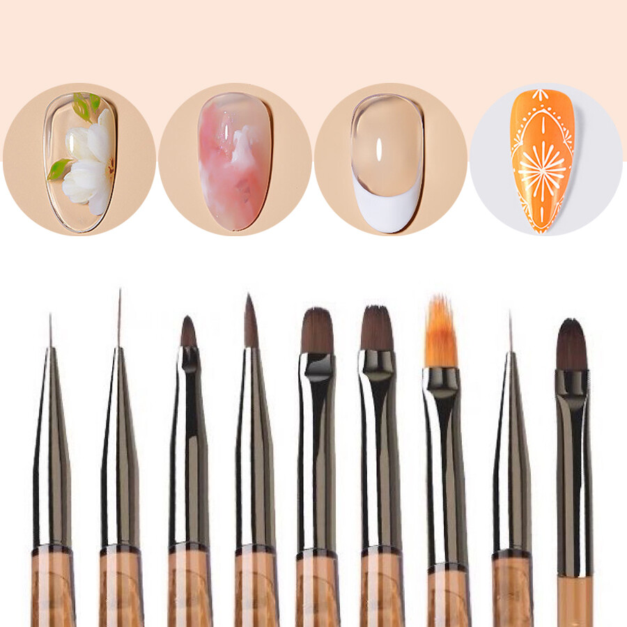 9Pcs Brown Nail Art Brush Set for Gel, Fine Line, Painting and Detail Work Pens