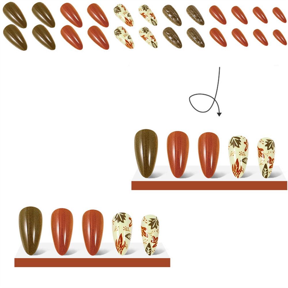 Short Almond Press-On Fake Nail Maple Leafs Thanksgiving Day Fall Manicure 24pcs