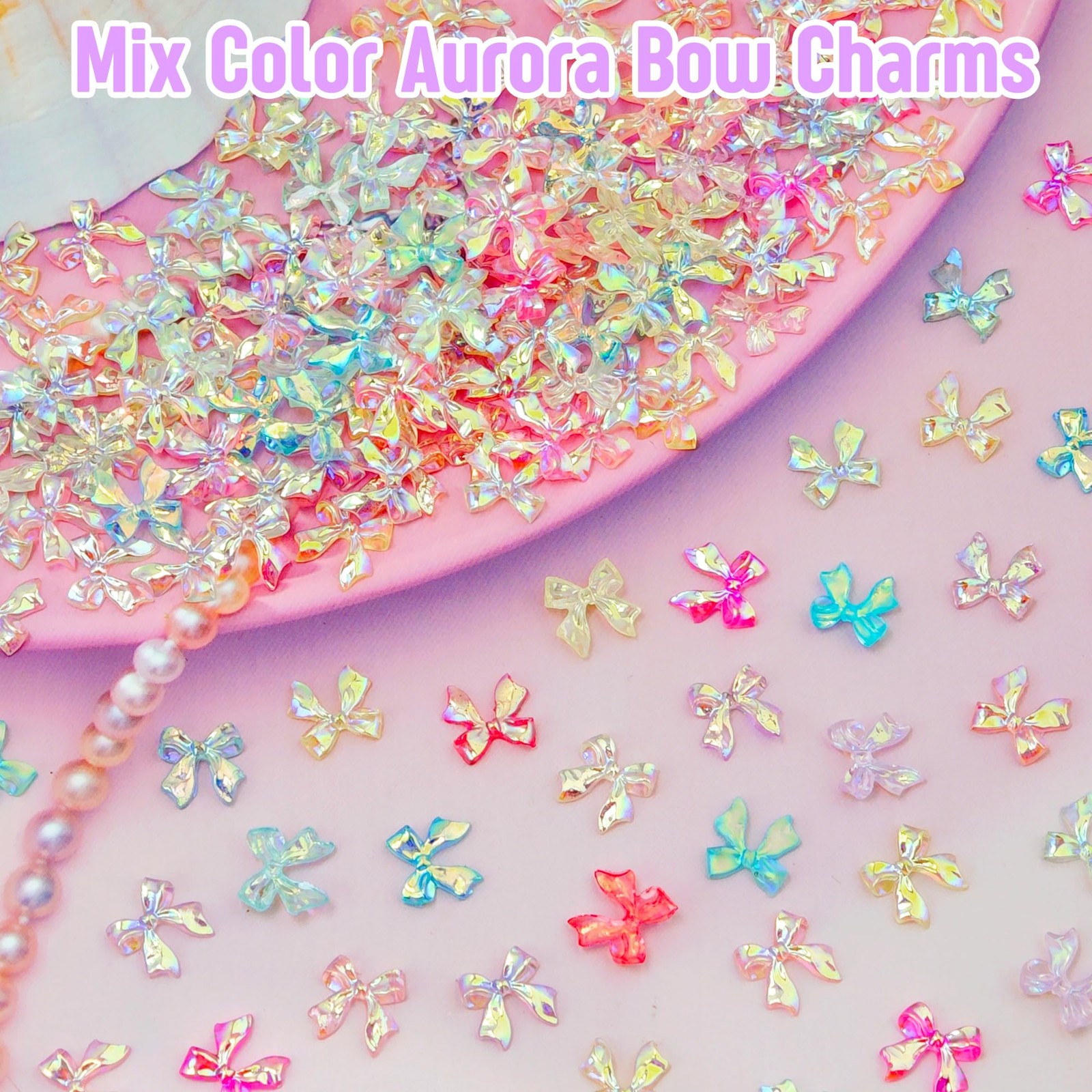 200Pcs Bow Nail Charms Resin Bowknot Nail Art Decoration Cute 3D Mix Aurora C…