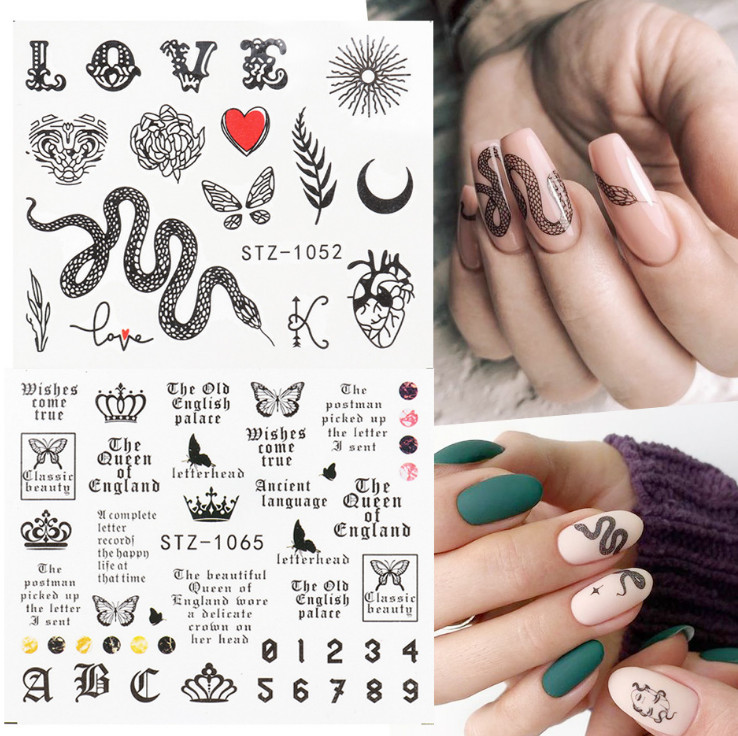 16 Sheets Nail Art Stickers Waterproof Decal Love Words Letters Heart Snake NS8