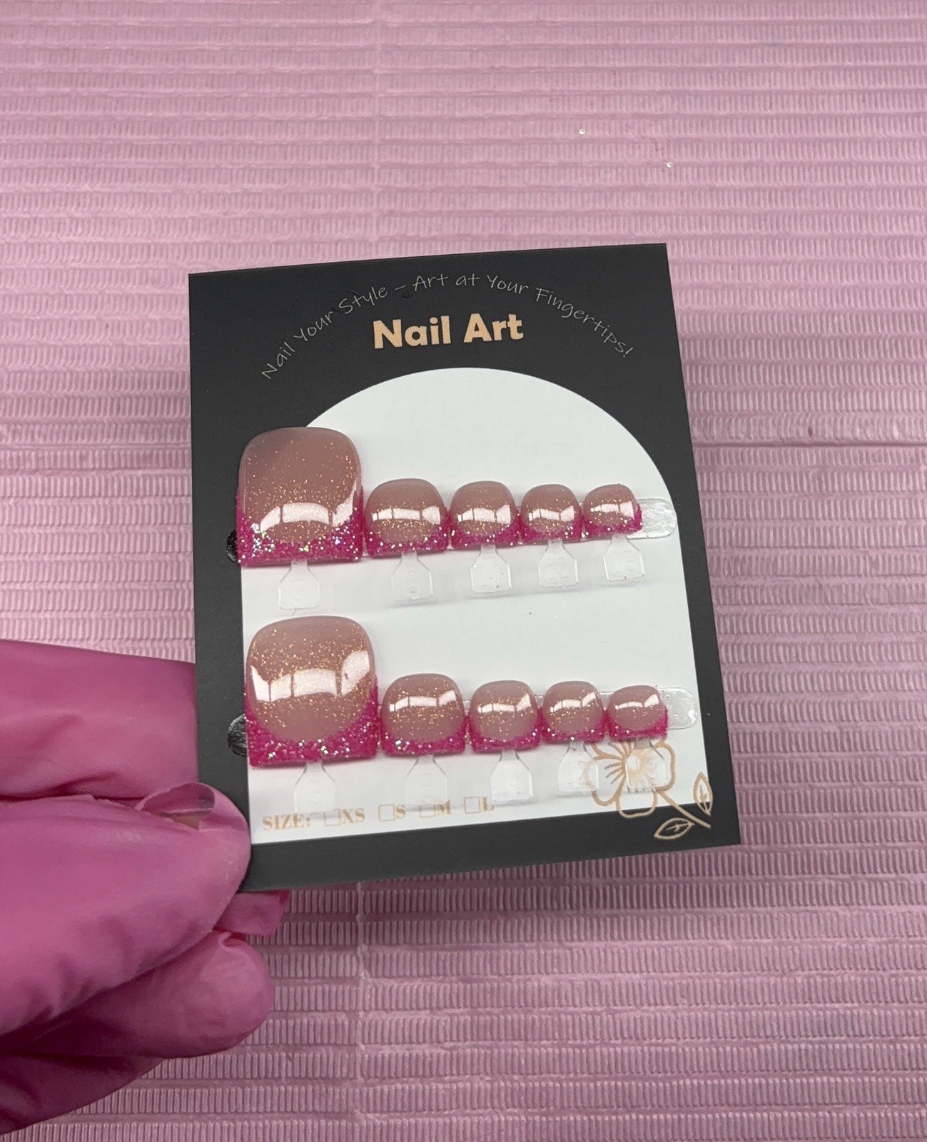 press on toenails pink glitter french tips nude handmade custom builder gel