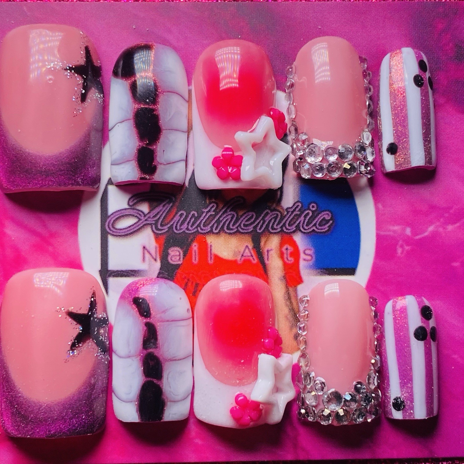 Square Press-On Nails Pink Black 3D Shiny Star by Authentic Nail Arts