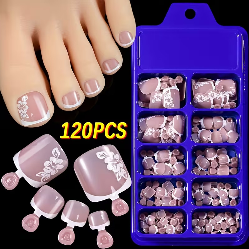 120 Press-On Toe nails, Floral Design in Nude Pink, French Style, Summer