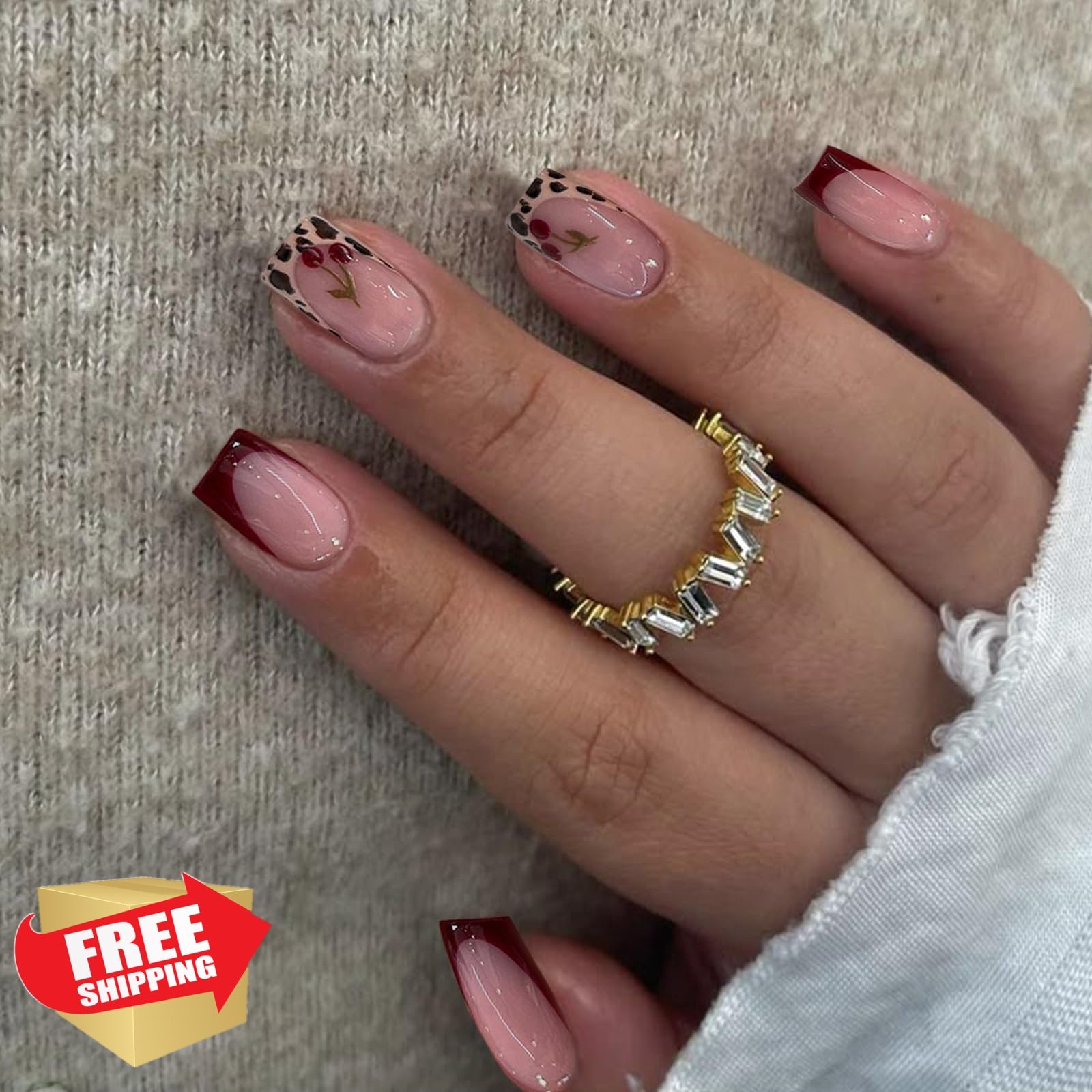 SEMATA Red French Tip Press on Nails Short Square Cherry Leopard