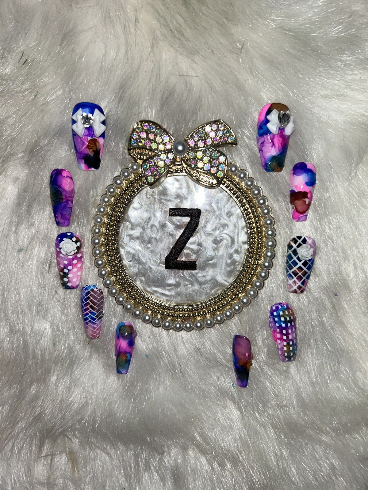 Z NAILZ! Handmade Tie Dye L Coffin W/White Stamps, Bows And Roses Press On Nails