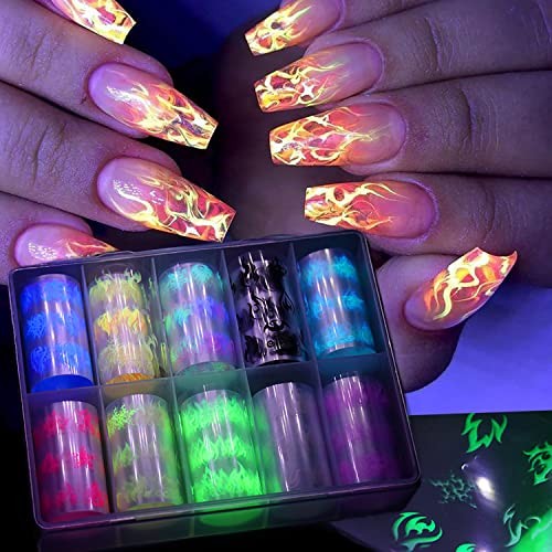 10 Rolls Kit Nail Transfer Stickers Fluorescent Flame Foil Transfer Sticker