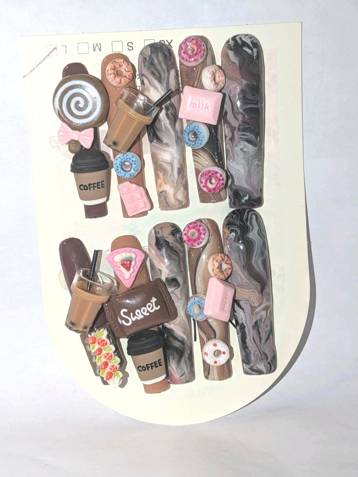Hand Crafted 3Xl Java Marble Brown & Pink 3D Dessert Press-On Nails Sz Large