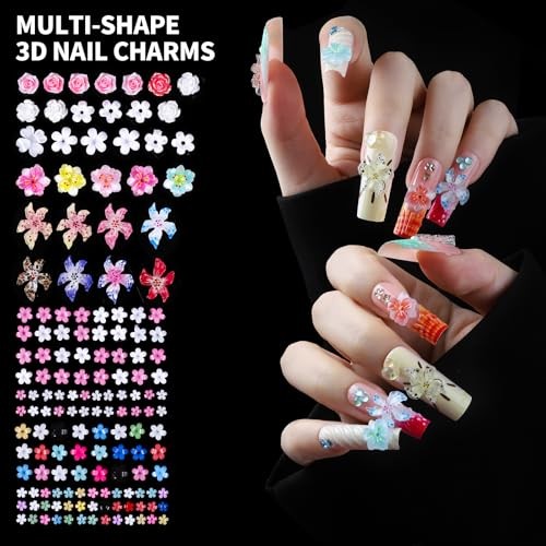 FAMDAMEI 24 Grid Nail Charms, white pink flower/colorful bow/sequin/clear pearl