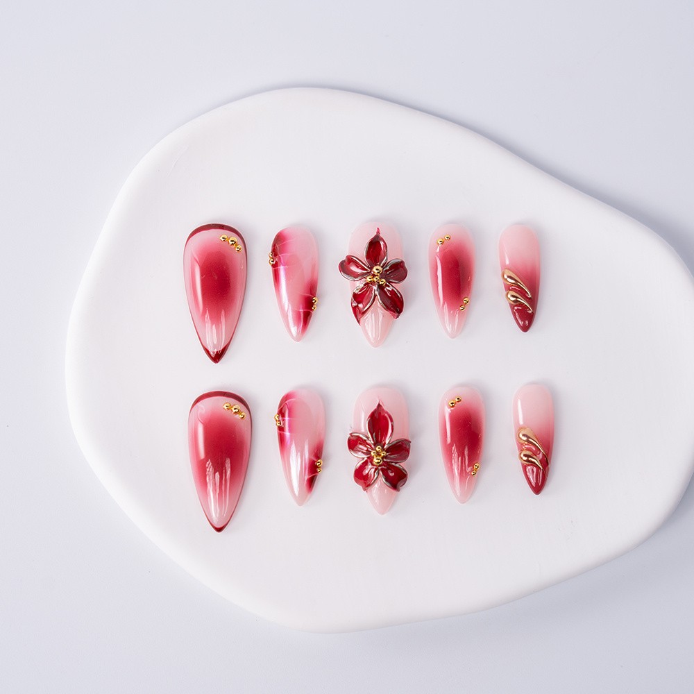 Handmade High Quality Almond Press On Nails Pink Red Gradient Fake Nails S-L