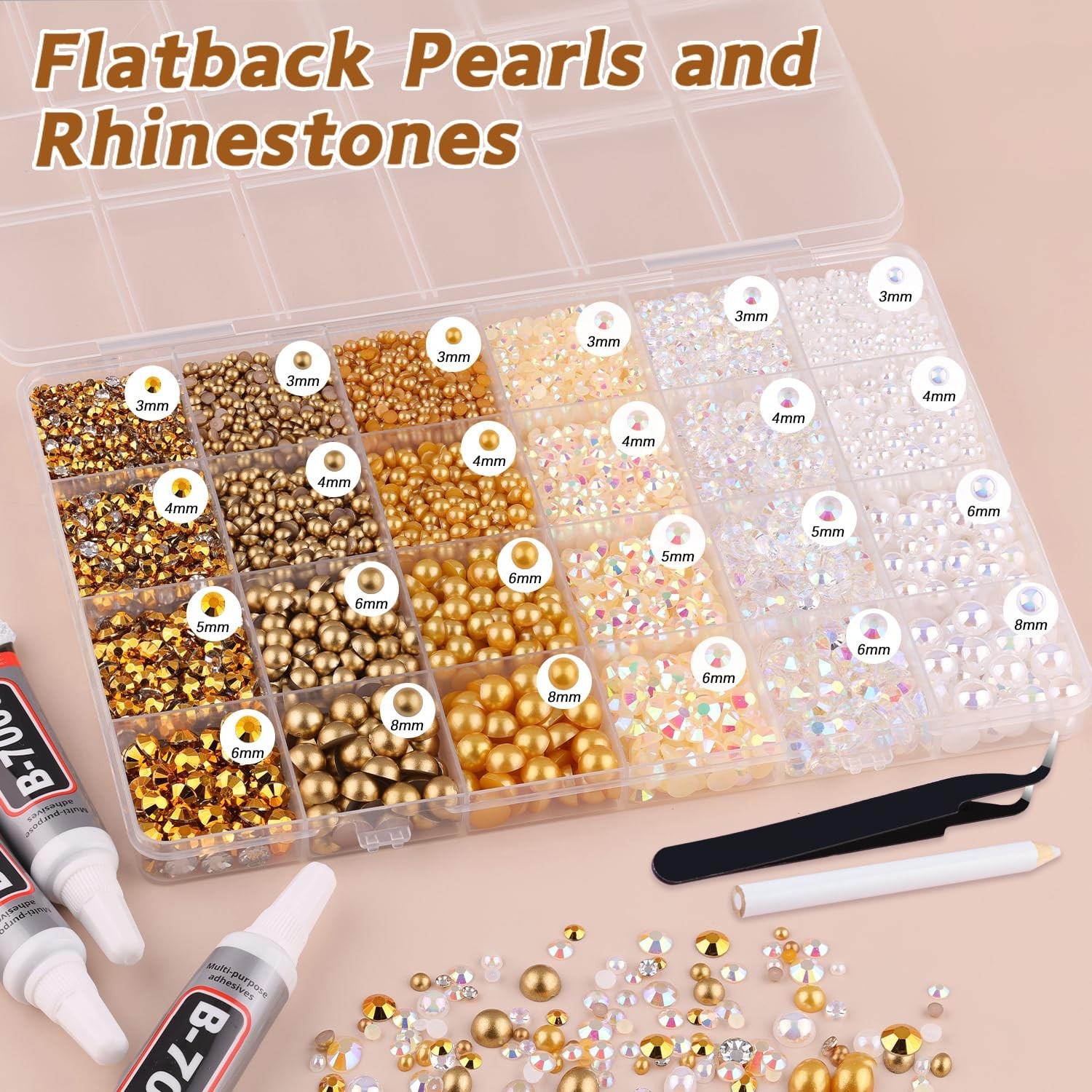 14000PCS Flatback Pearls & Gold Rhinestones for Crafting, Nail Art, DIY Decor