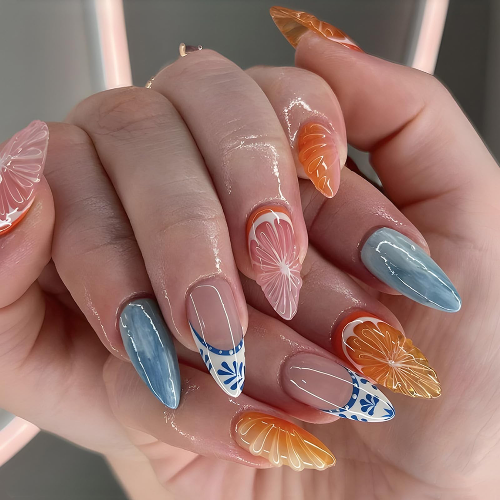 24pcs Orange Medium Almond Fake Nails Blue White French Tip Press on Nails Li…