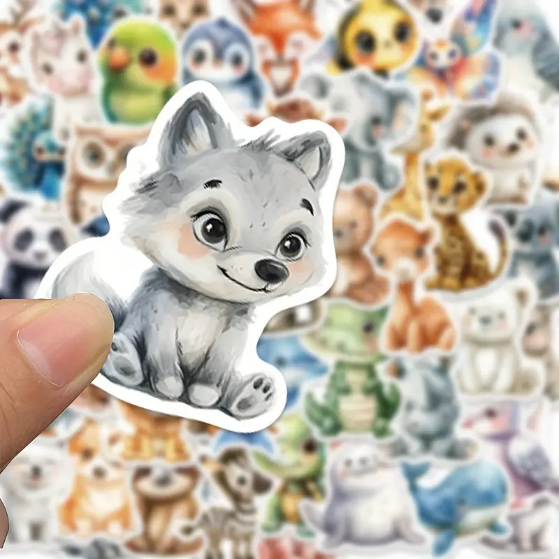 50PCS Watercolor Animals Cute Creative PVC Stickers, Cartoon Patterned