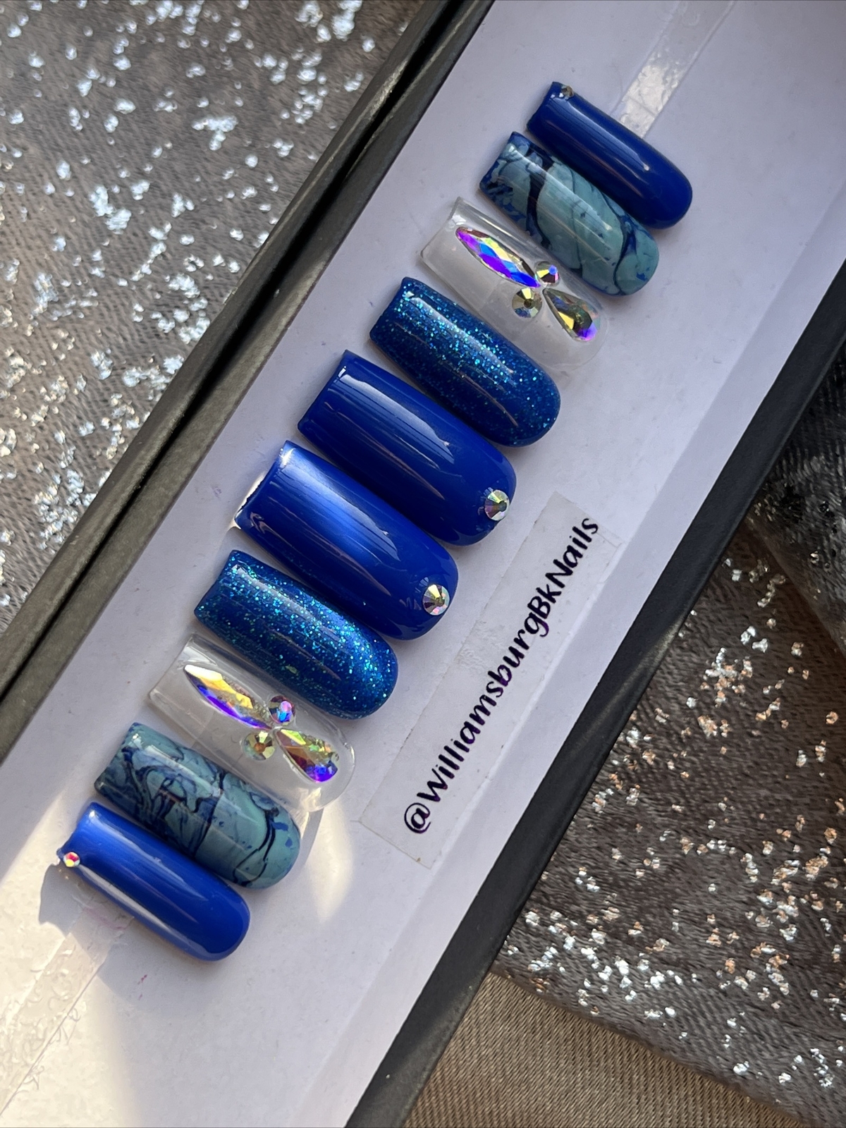 🔥CUSTOM Gel press On Nails, BLUE BLING , Medium Square, 10p Set With FULL KIT
