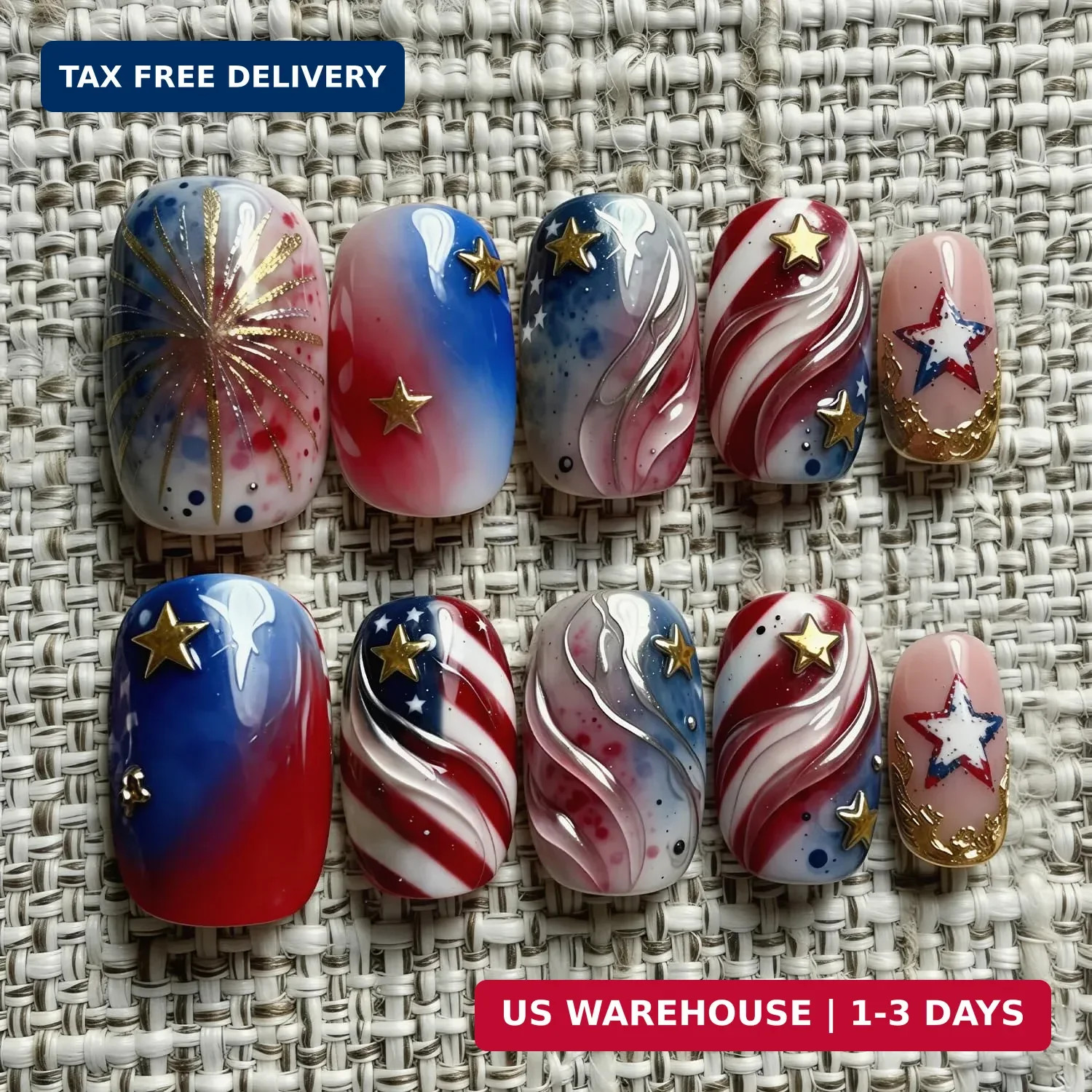 4th of July Press on Nails Medium Square Independence Day Fake Nails 3D Gold Sta