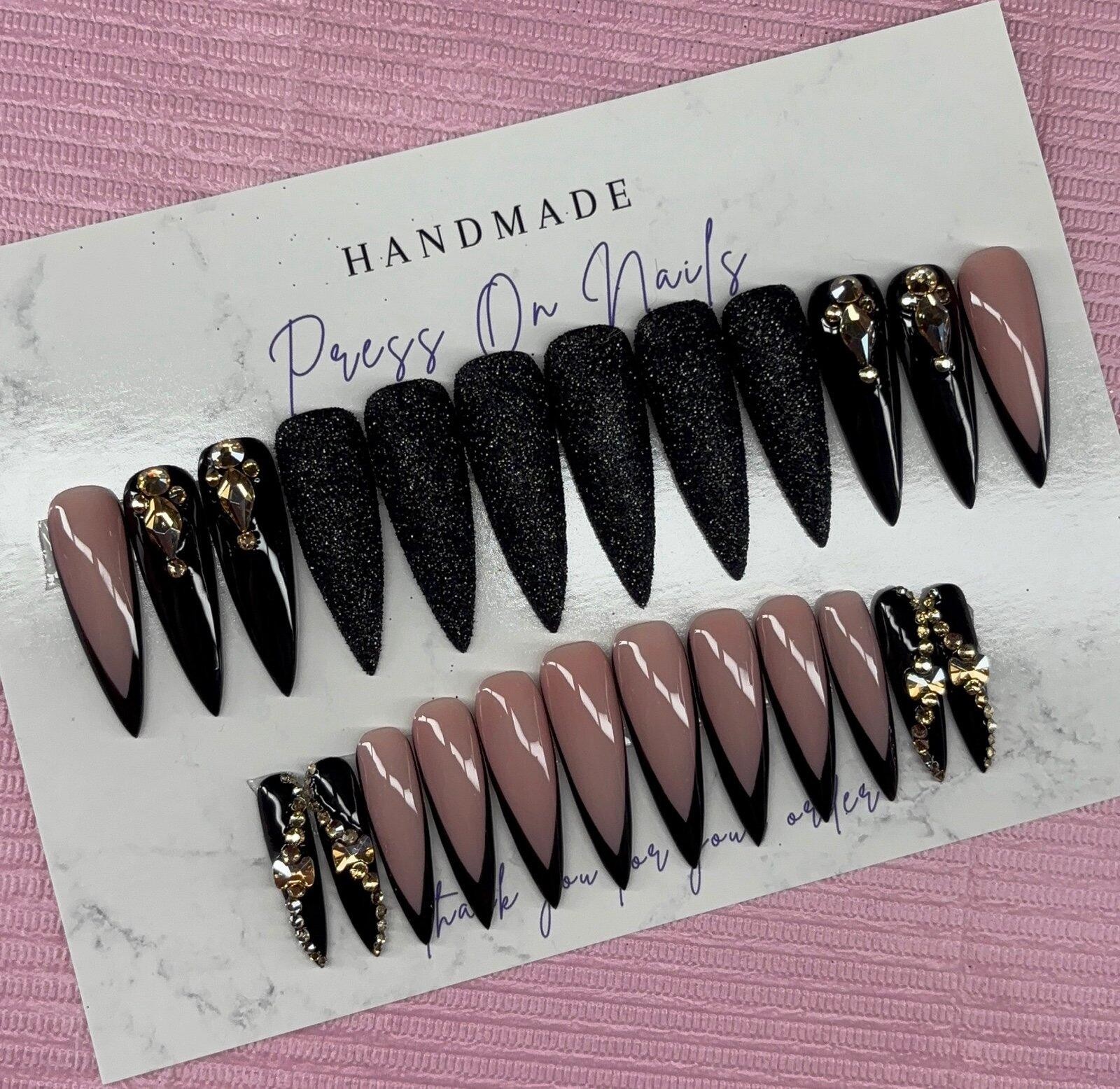 Extra long stiletto press on nails black deep v French tip rhinestones glitter