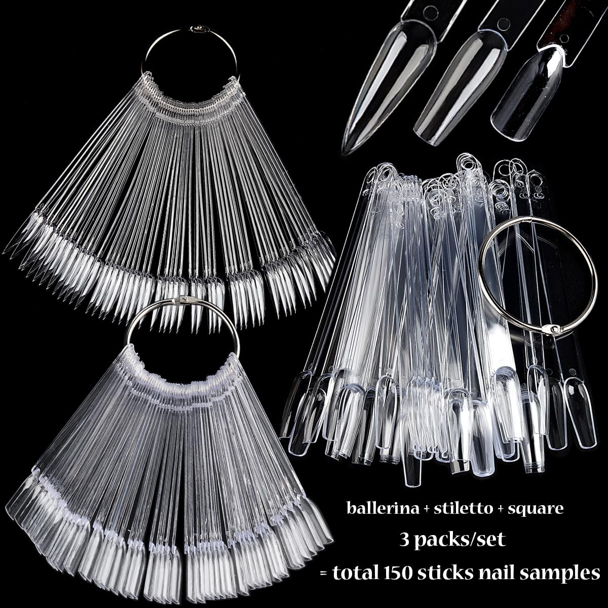 Nail Color Swatch Sticks with Ring, 150Pcs Ballerina Square Stiletto Clear Nail