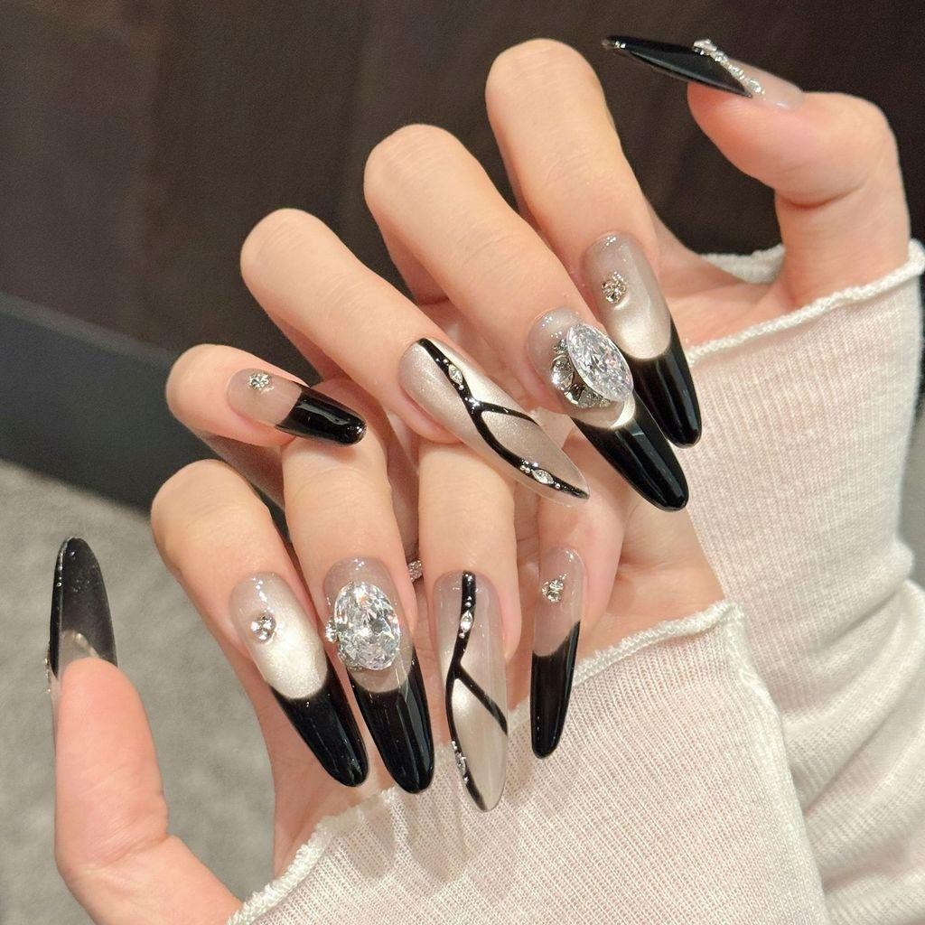 Handmade Fake Nail French Shinny Black Cat Eye 3D Diamond Luxury Press On Nail