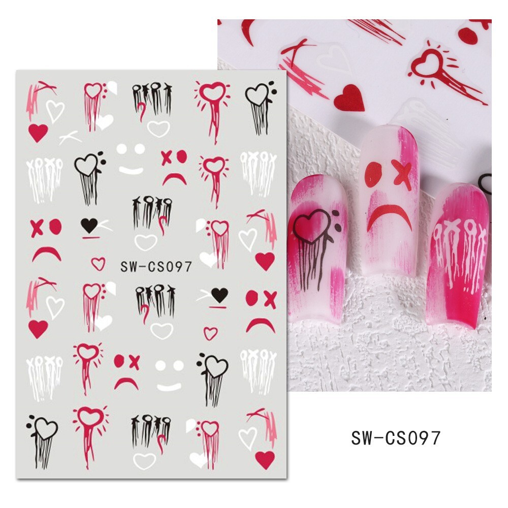 6Pcs Clown Nail Sticker 3D Halloween Candle Star Comic Heart Flame Graffiti NS52