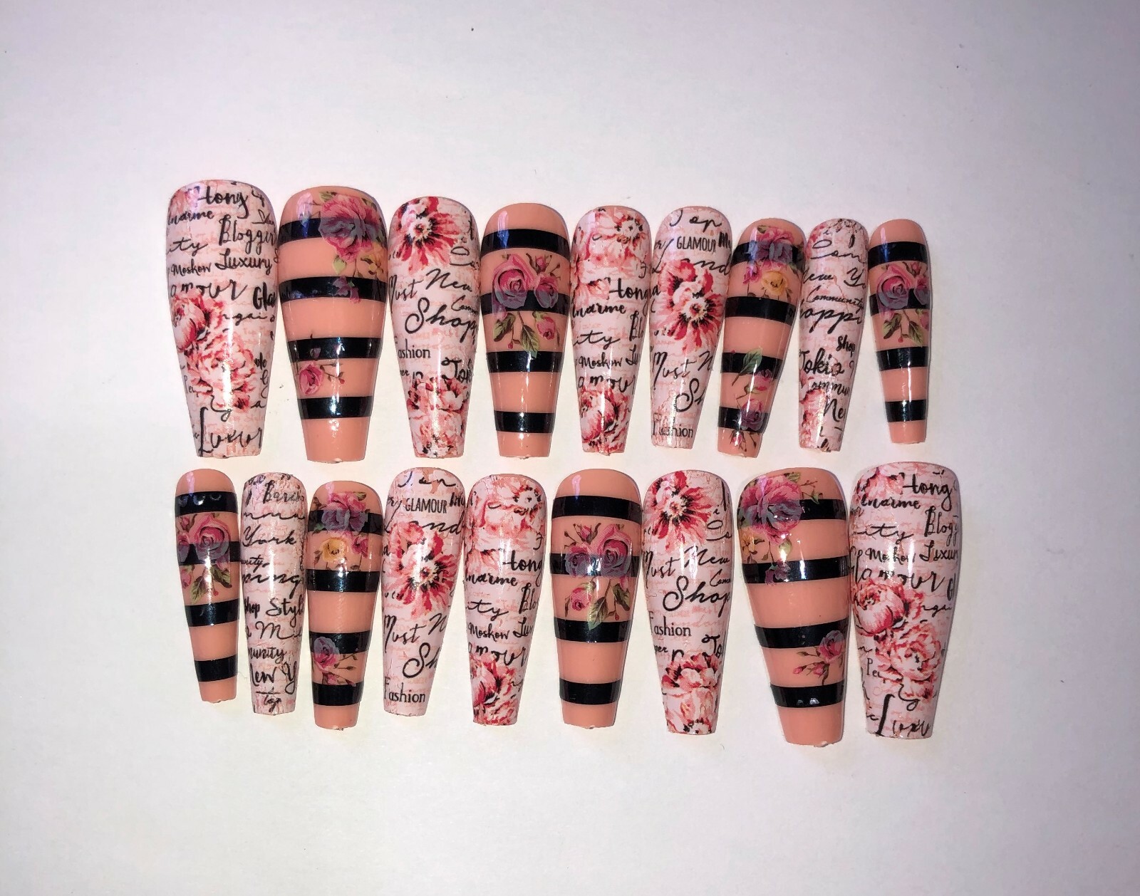 Press on nail set- Black stripes & Roses- (Set of 18 sizes 0-8)