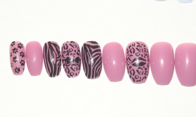 Pink leopard and zebra print- press on nail set- Set of 18 sizes 0-8