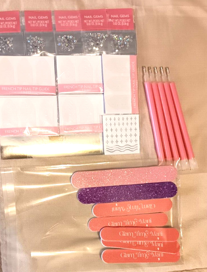 Nail Art Kit French Tip Guide Sheets Gems Tool Glitter Files Glam Manicure Lot