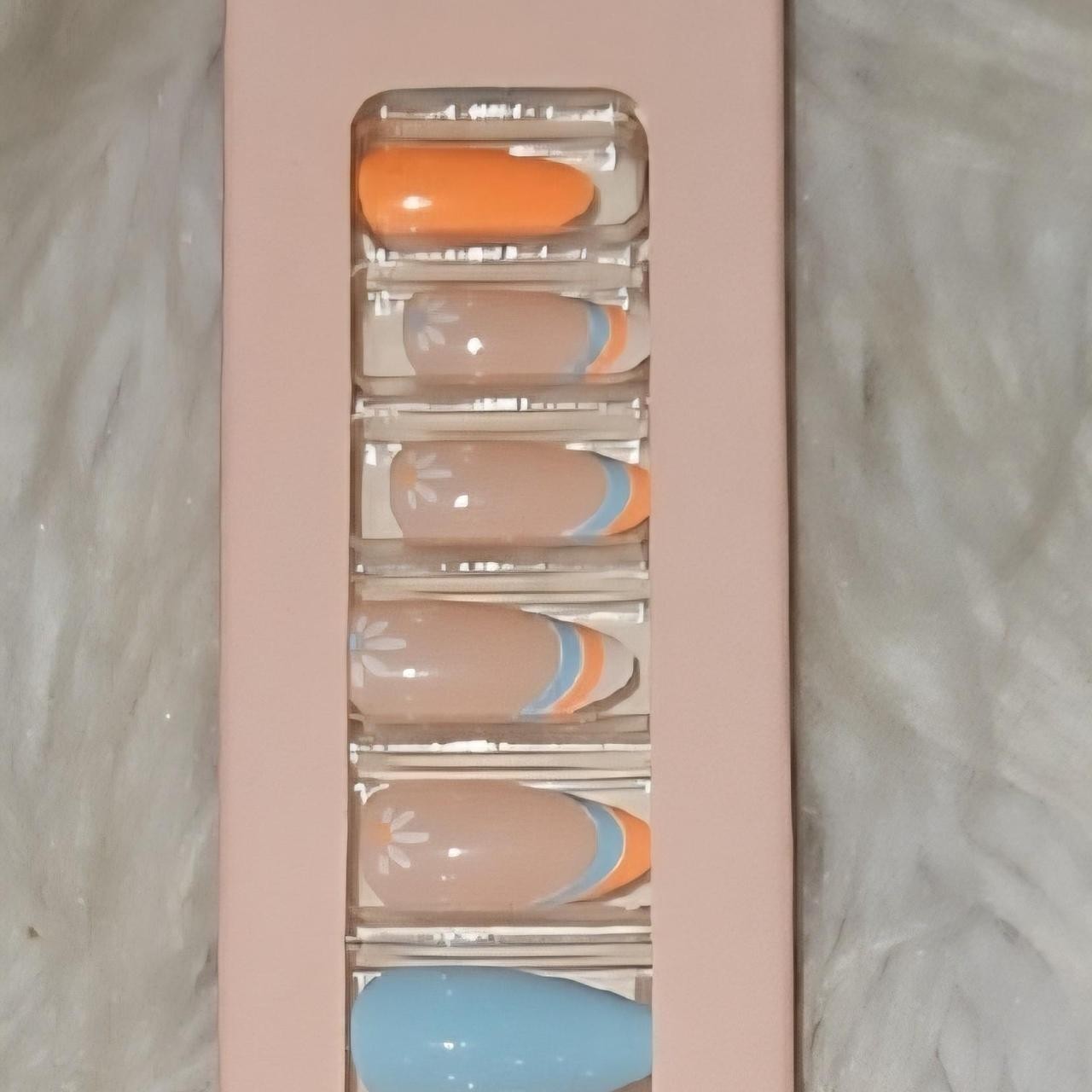 Tip Beauty Press-On Nails | Blue & Orange Floral Set | French Tip | 24 Nails