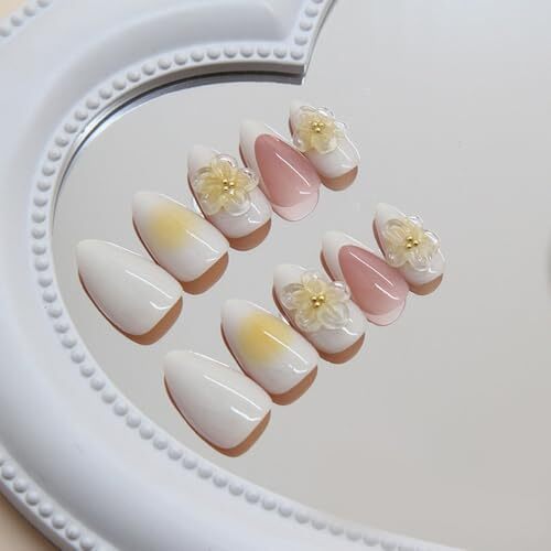 French Tip Press on Nails Short Almond Fake 0.04 Fl Oz (Pack of 24) Color 05