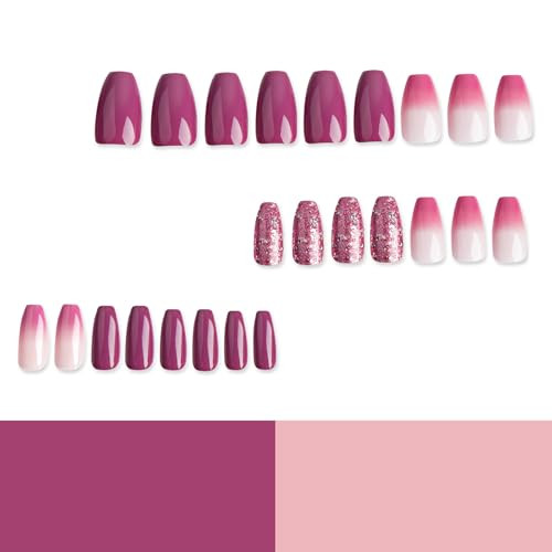 24Pcs Glitter Press on Nails Coffin Medium Fake Nails Pink Purple Nails Press