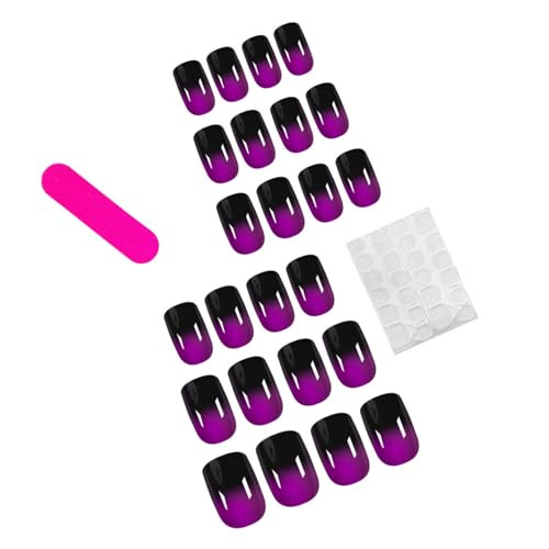 French Tip Press on Nails Short Square Fake Nails Purple & Black Square Nails25