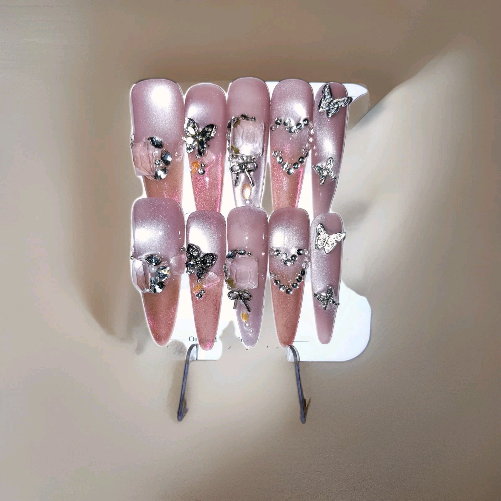 Pink Rose Gold Cat Eye 3D Butterfly Bow Long Almond Press-On Nails Full Cover