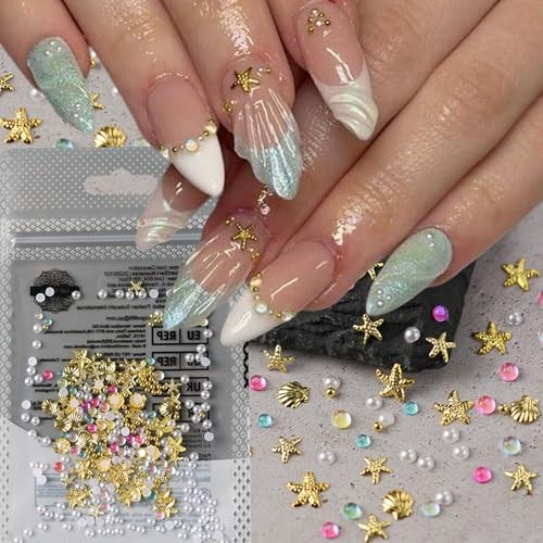 Summer Starfish Nail Charms & Gems Mermaid Colorful Colorful Bead Pearl -12