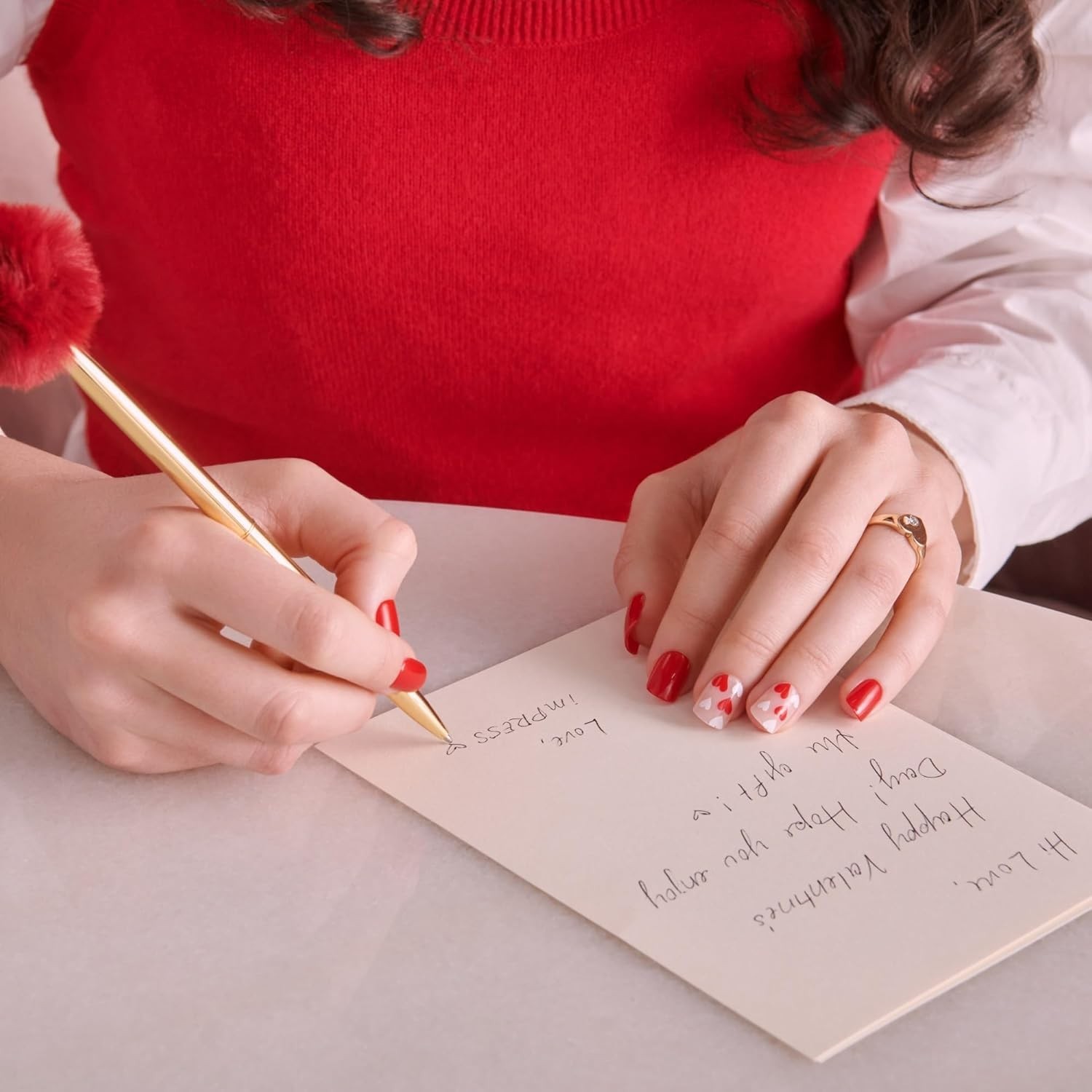 Valentine’s Day Press On Nails, ‘Full Heart’, Red, Short Squoval, No Glue Needed