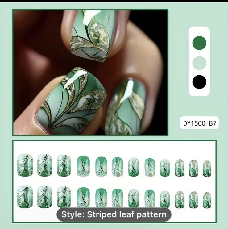 24 Pc Square Leaf Shiny Short Press On Nails w/Glue & Stickons Glossy Leaves