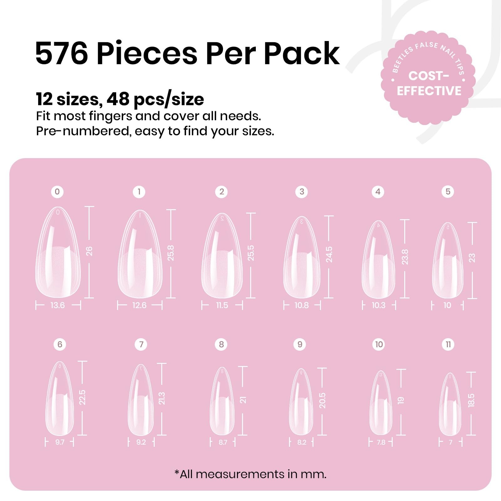 Beetles Medium Almond Nail Tips 1 Count(Pack of 1), 576pcs