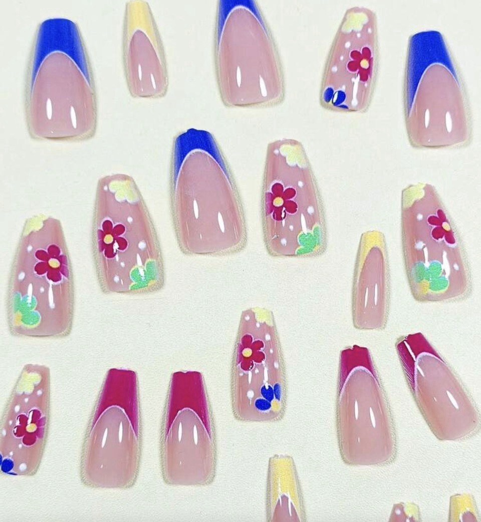 24 Press-On Nail Kit | Neon French Tips Pink, Yellow, Blue, Orange Coffin Nails
