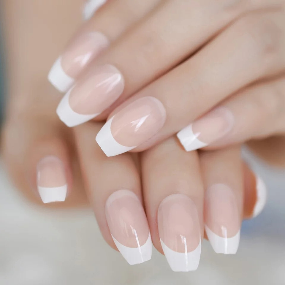 24 New Press on Nails Kit w glue french mani nude white tip coffin medium short