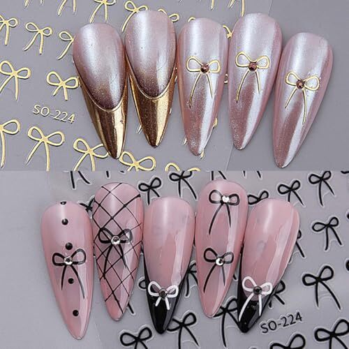 8 Sheets Bow Nail Stickers for Nail Art Black White Red Bow Nail Decals Gold