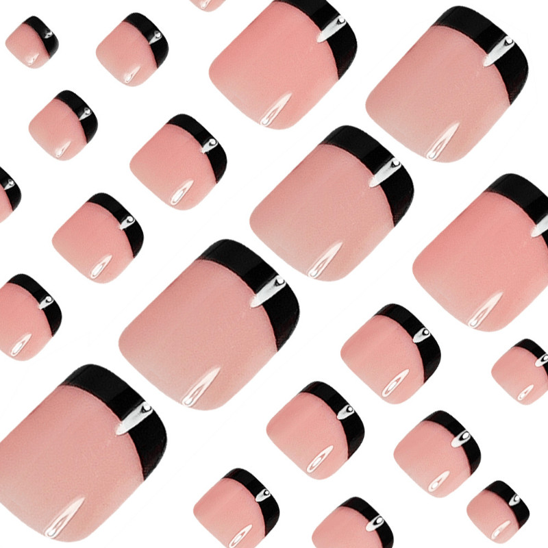48Pcs Short Square Nude Black French Tip Press on Toe Nails Casual Daily Wear