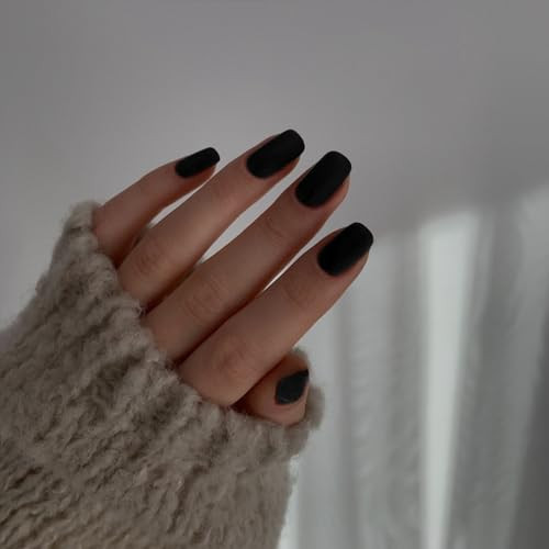 Matte Black Press on Nails Short Medium Square Glue on Nails square mat black