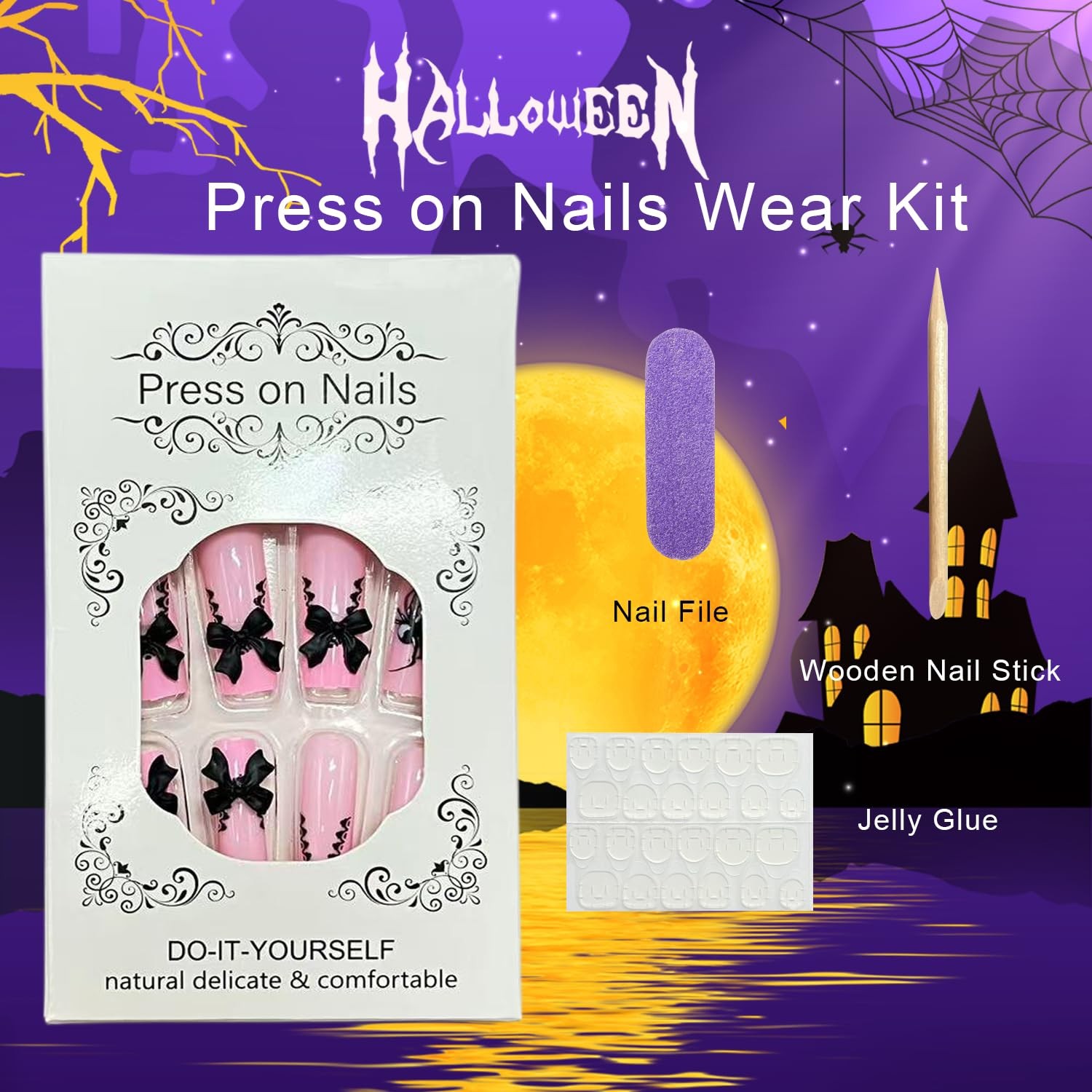 Halloween Pink French Tip Press on Nails Long Square Shaped Fake Nails Spider…