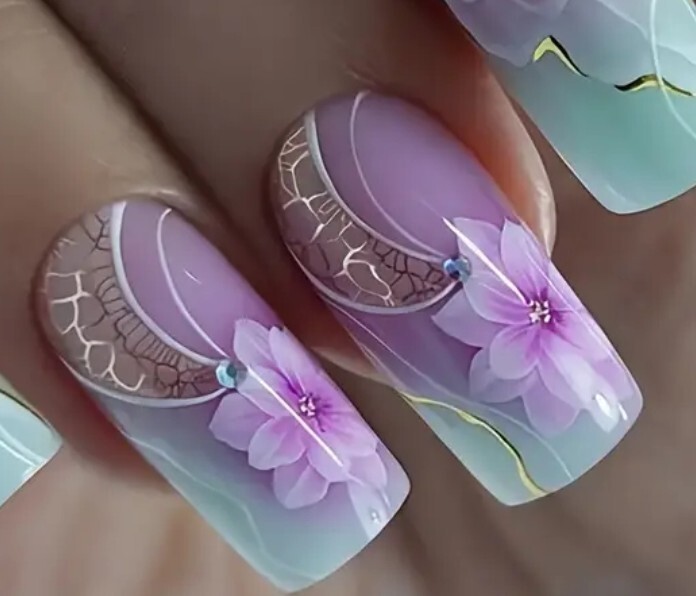 24pcs Set Of Long Square Purple Gradient Press-On Nails With Floral Design