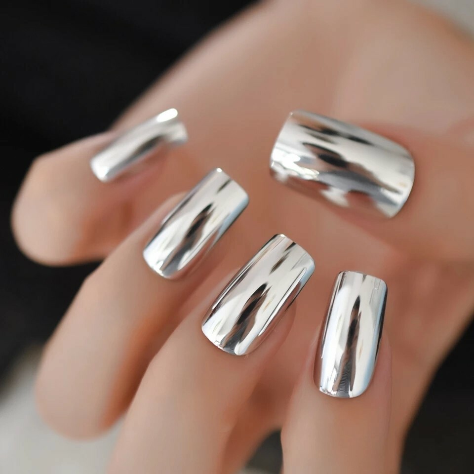 24 Silver Chrome Press On Nails Mirror metallic GLUE ON kit medium square