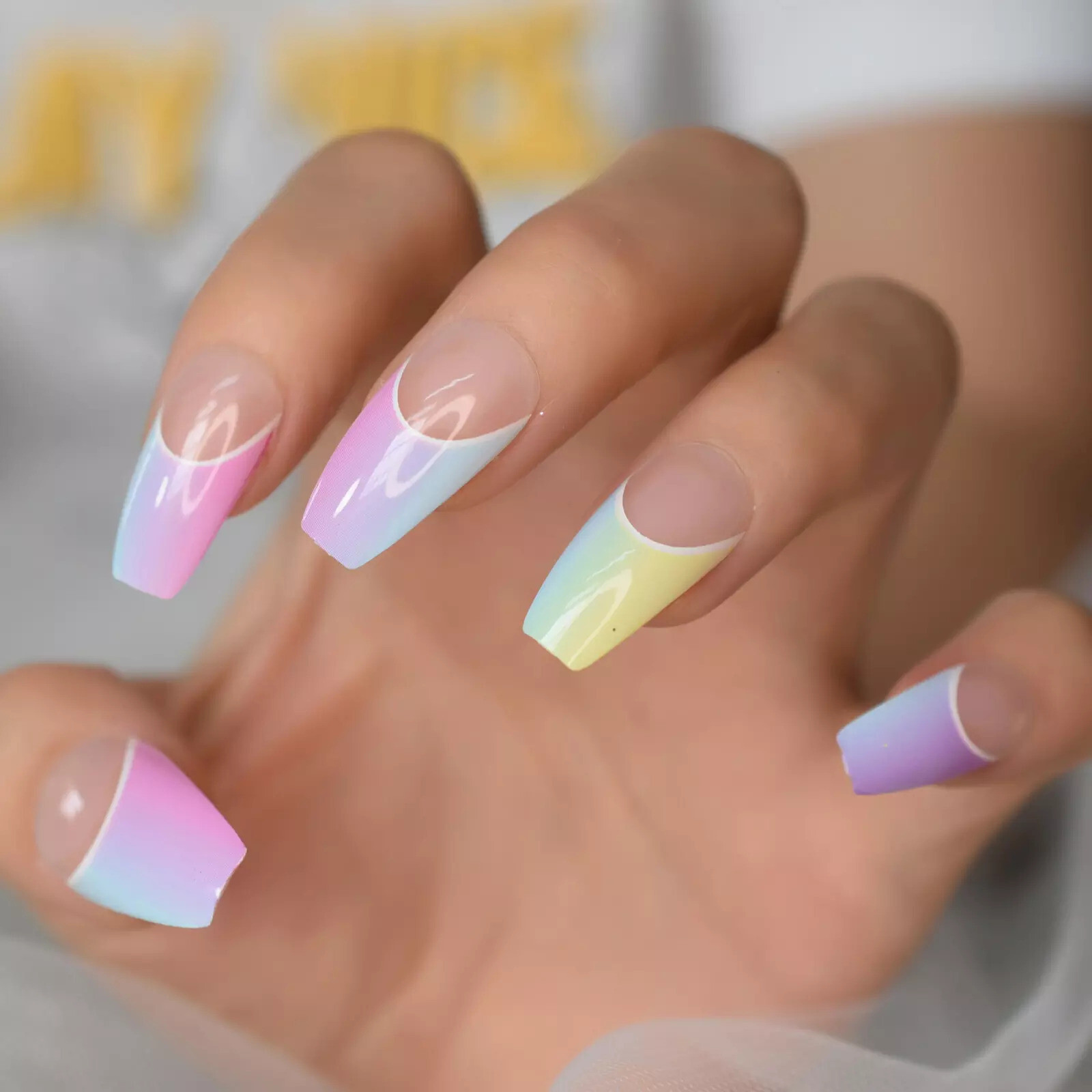 Colorful French Ombre Medium Coffin Press On Nails, Glue On False Set 24 pcs Kit